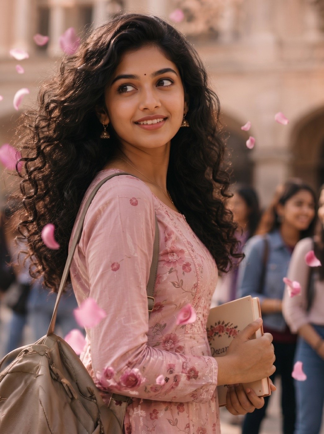The HARITUS model surrounded by soft pink botanicals