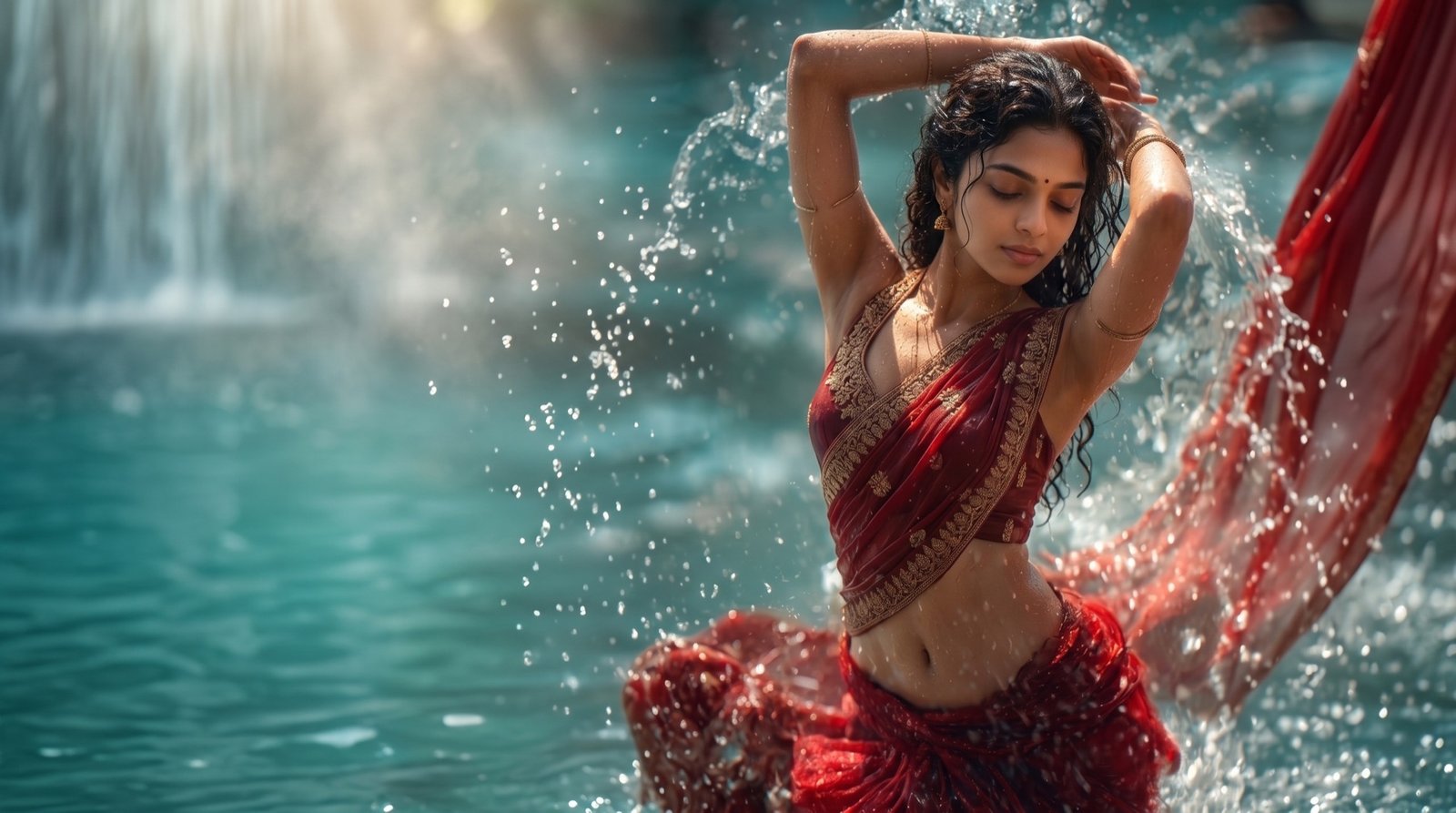 The HARITUS model in crimson Indian couture beneath a luminous curtain of water